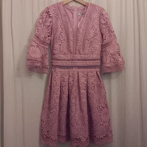 CHLOEE Muave Pink V Neck Floral Lace Designer Handmade Dress Women's SZ M